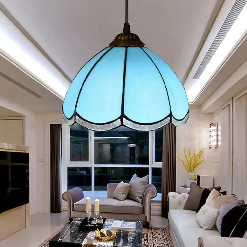 Tiffany Scalloped Down Mini Pendant Ceiling Lamp - Light Blue Glass Suspension for Living Room