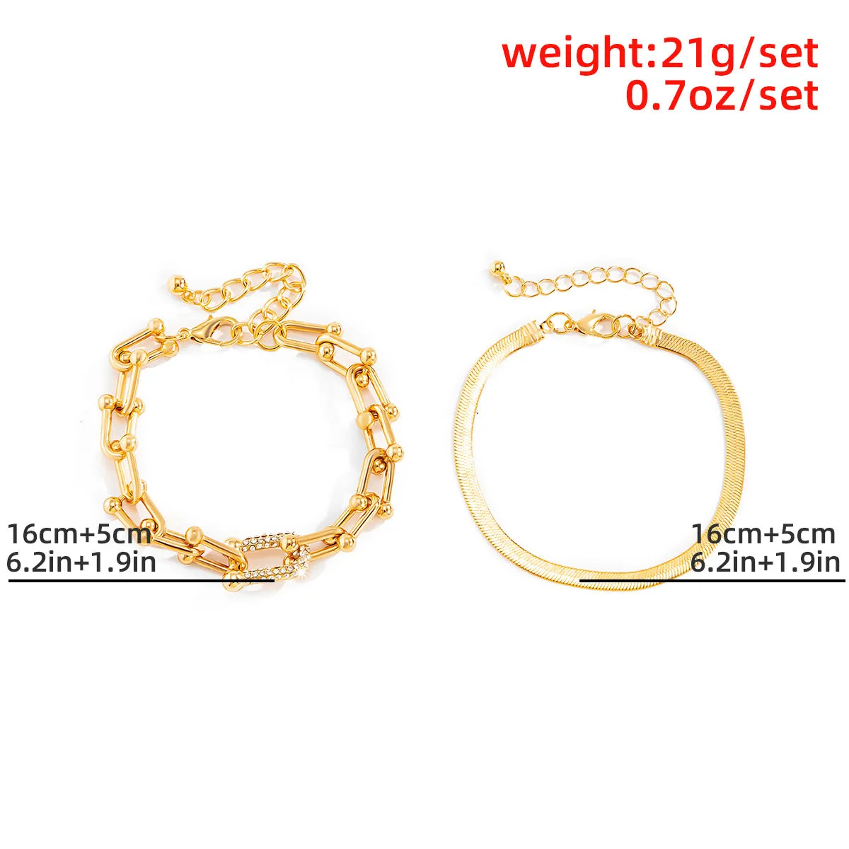 U-shaped Link Rhinestone And Snake Link Duo Bracelet Set