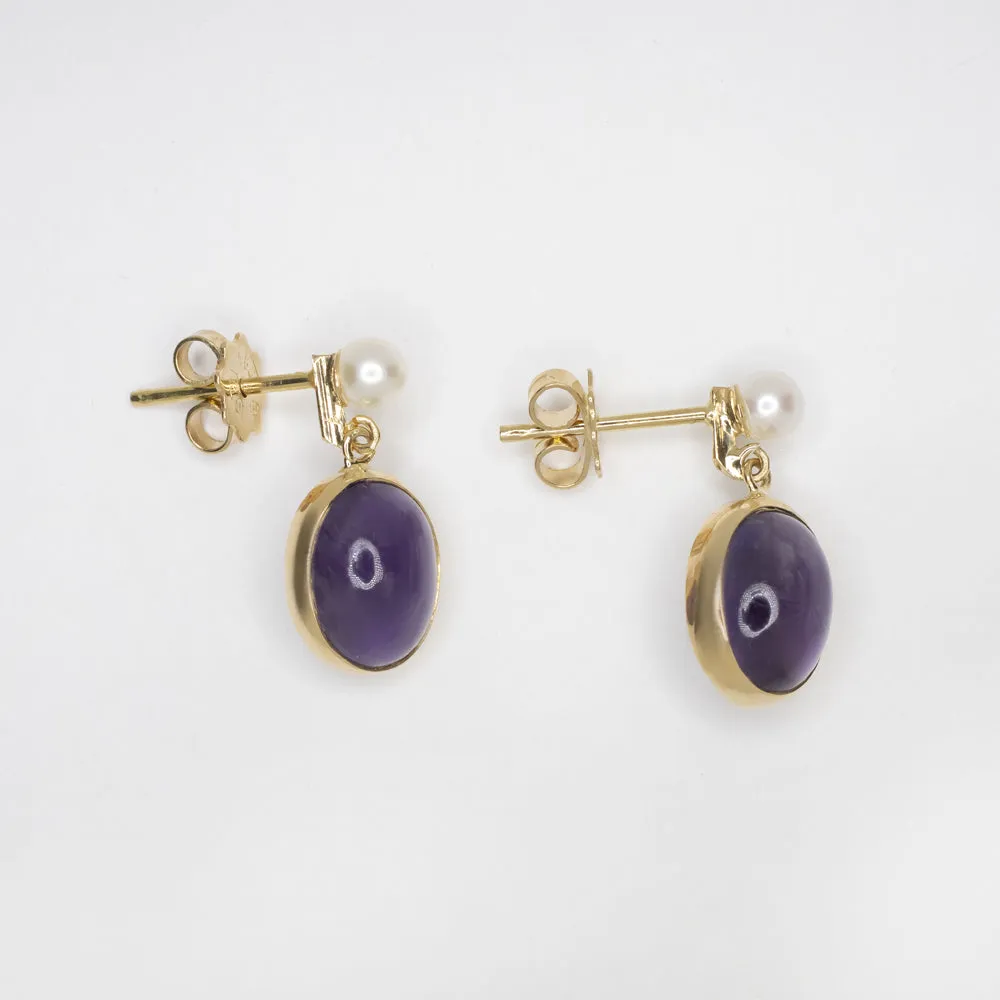 VINTAGE AMETHYST PEARL EARRINGS 14k YELLOW GOLD DROP DANGLE BEZEL NATURAL PURPLE