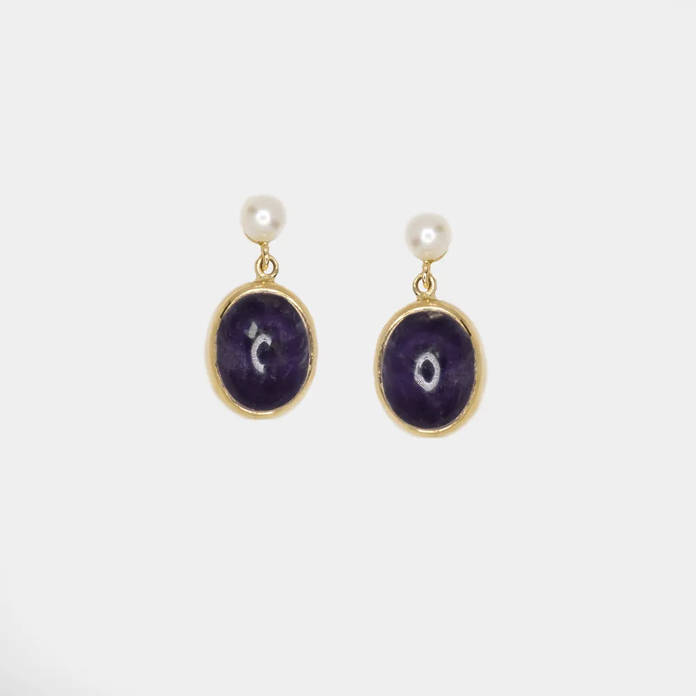 VINTAGE AMETHYST PEARL EARRINGS 14k YELLOW GOLD DROP DANGLE BEZEL NATURAL PURPLE