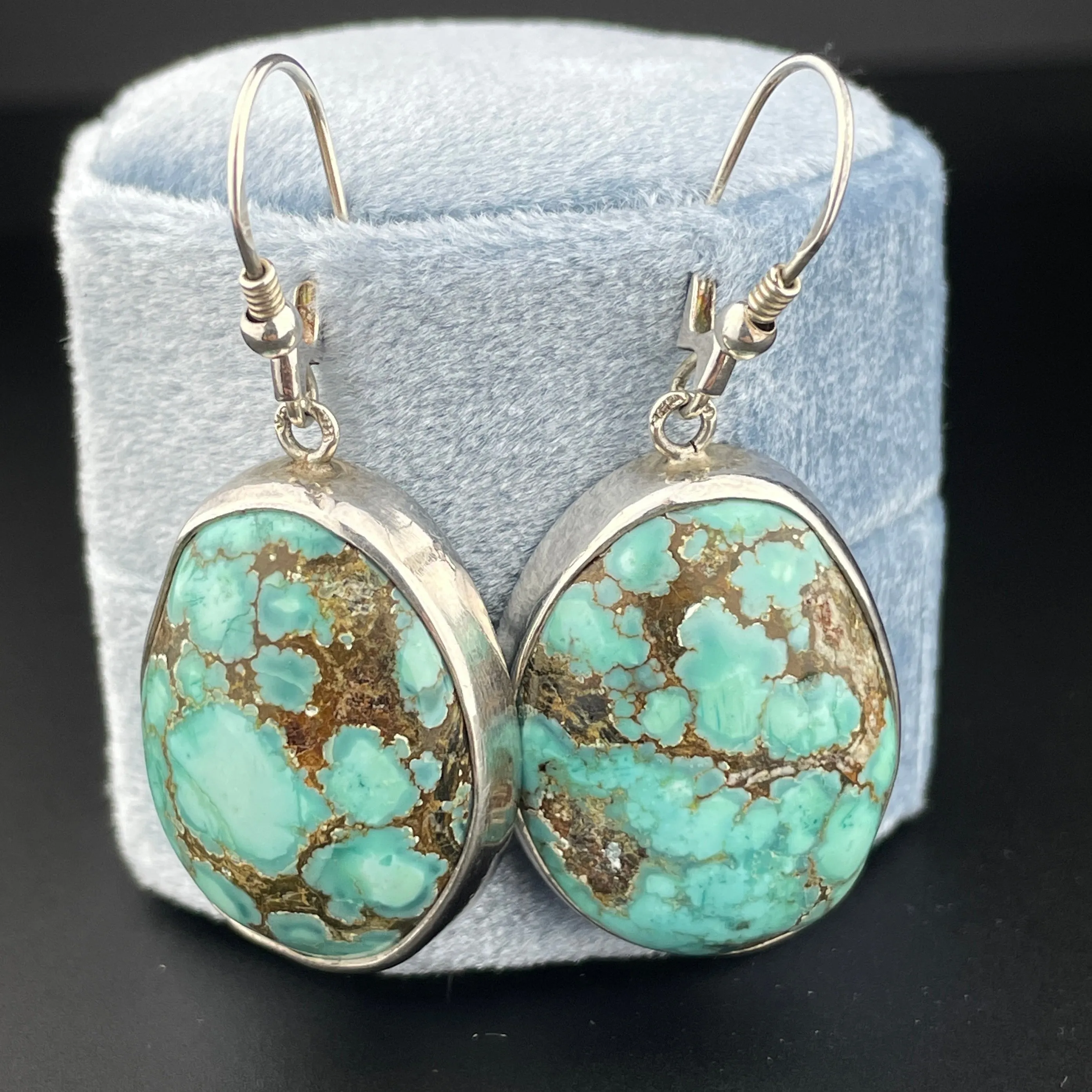 Vintage Large Turquoise Cabochon Sterling Silver Earrings