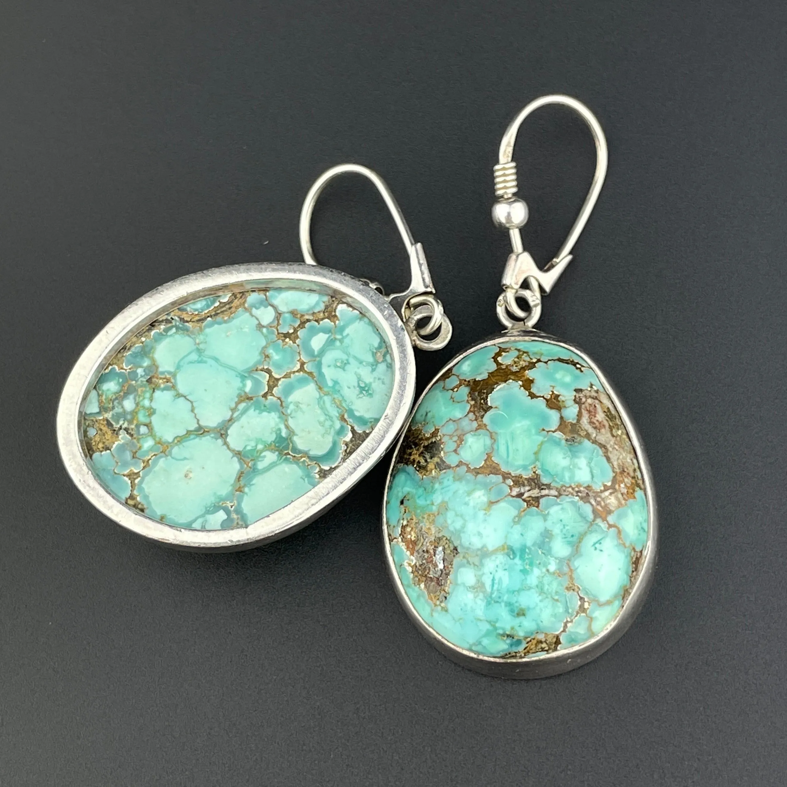 Vintage Large Turquoise Cabochon Sterling Silver Earrings