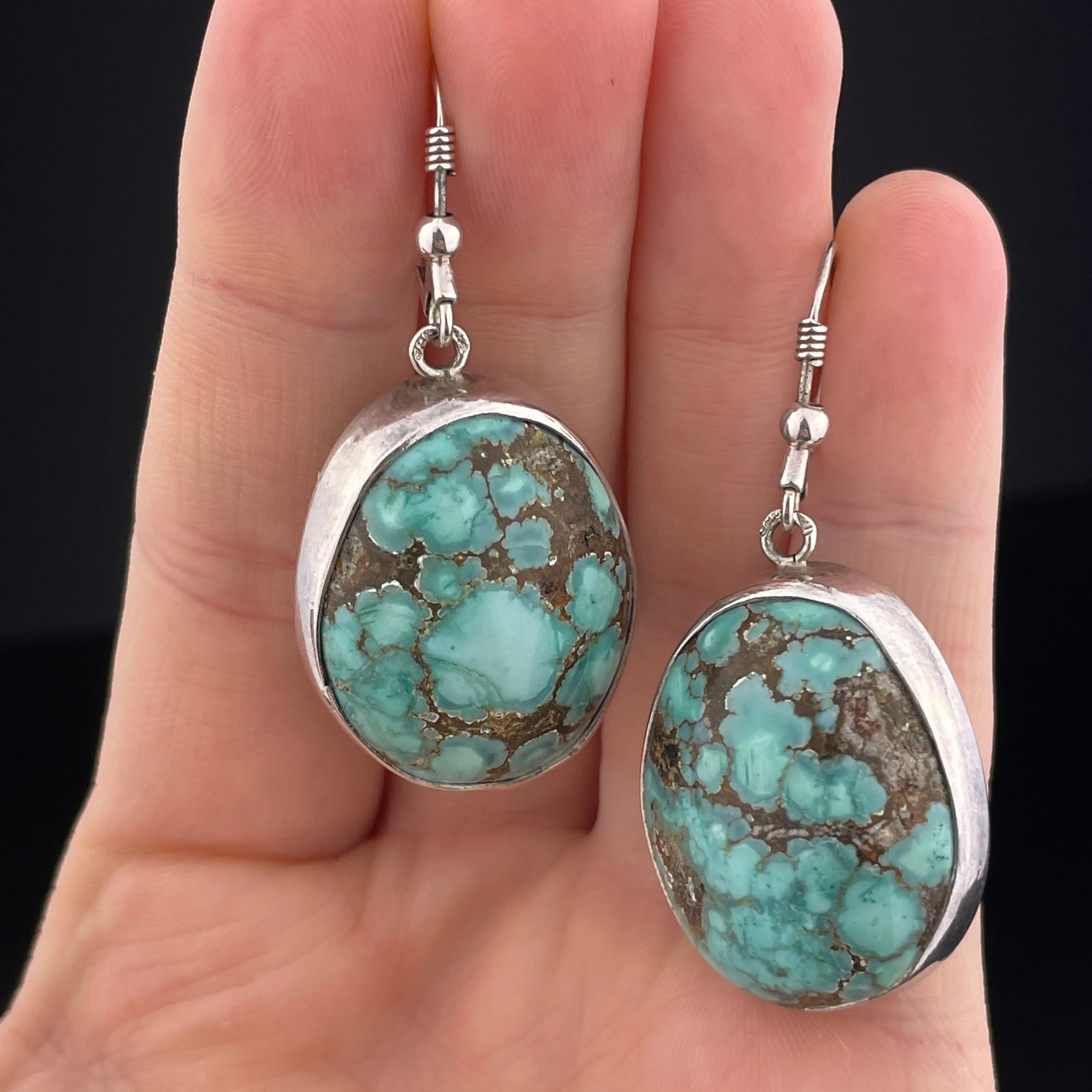 Vintage Large Turquoise Cabochon Sterling Silver Earrings