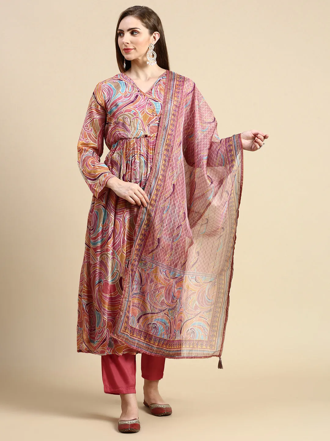 Women Abstract Coral Anarkali Kurta Set with Dupatta