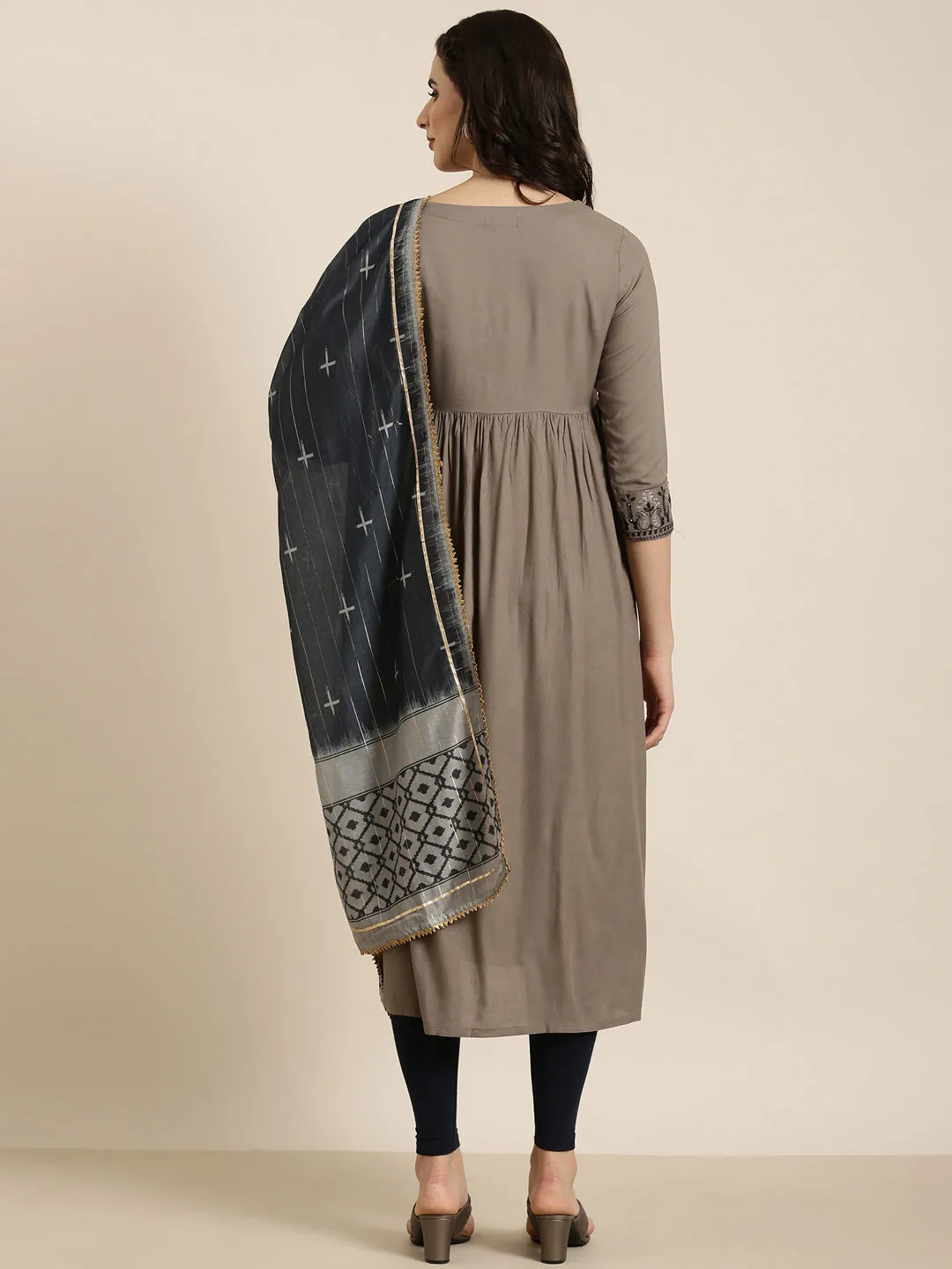 Women Anarkali Grey Solid Kurta Comes with Dupatta