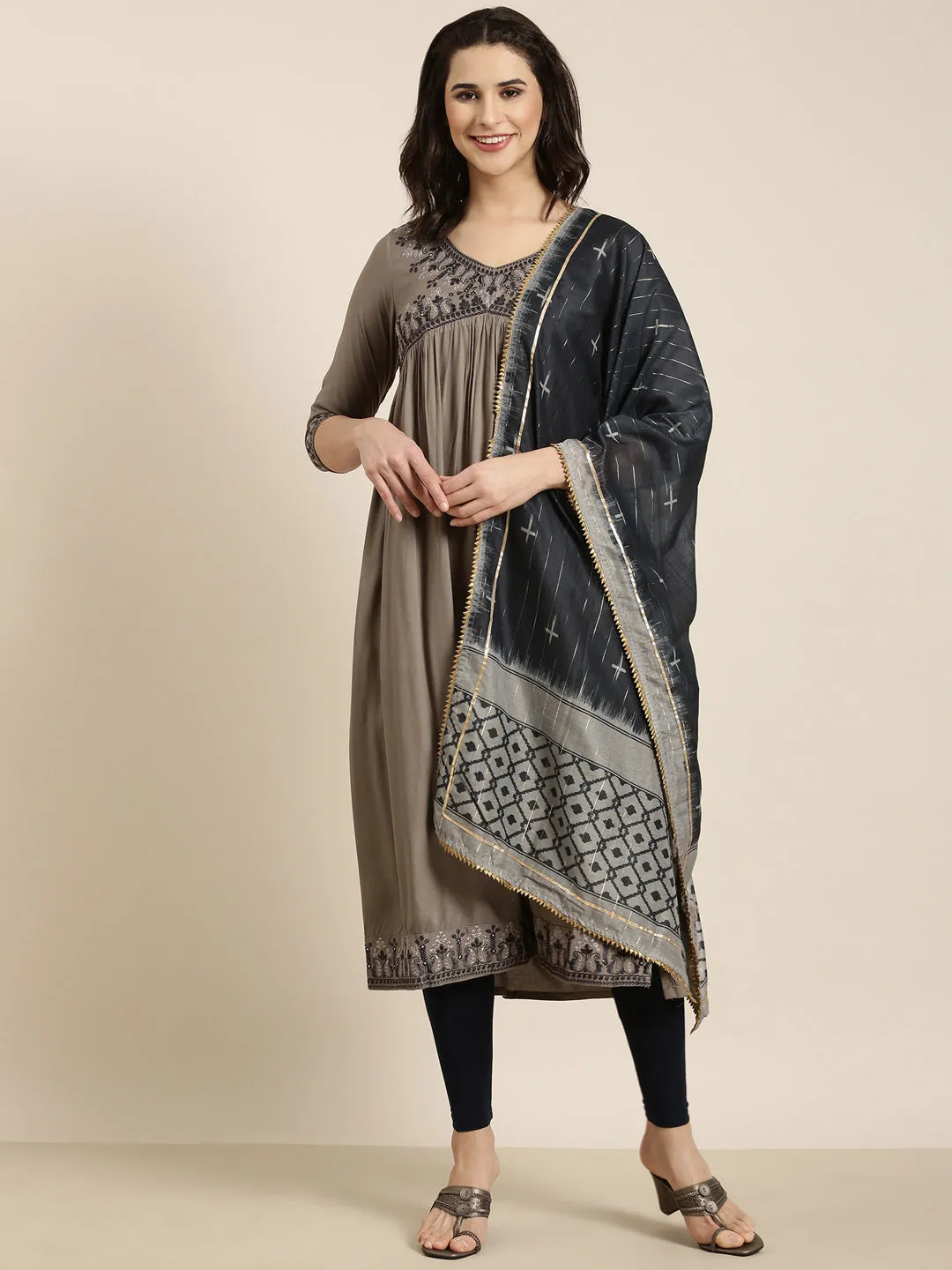 Women Anarkali Grey Solid Kurta Comes with Dupatta