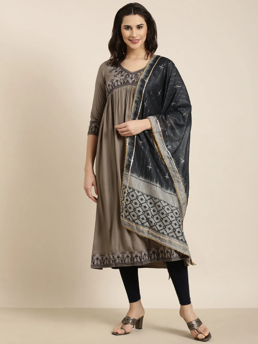 Women Anarkali Grey Solid Kurta Comes with Dupatta