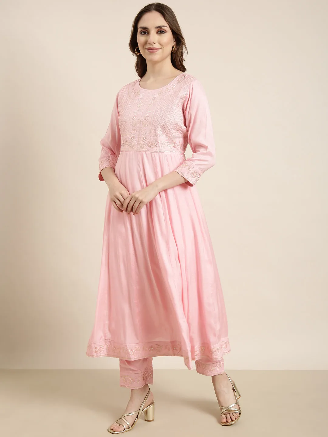 Women Anarkali Pink Solid Kurta and Trousers Set Comes With Dupatta