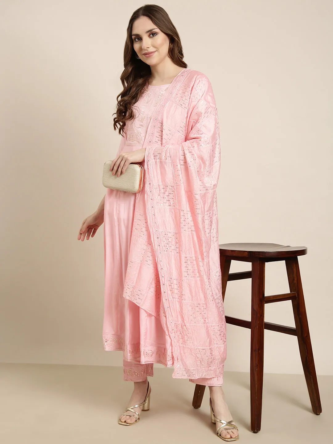 Women Anarkali Pink Solid Kurta and Trousers Set Comes With Dupatta