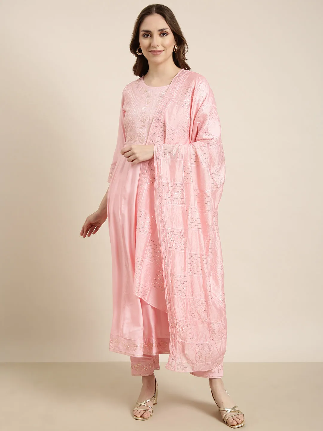 Women Anarkali Pink Solid Kurta and Trousers Set Comes With Dupatta