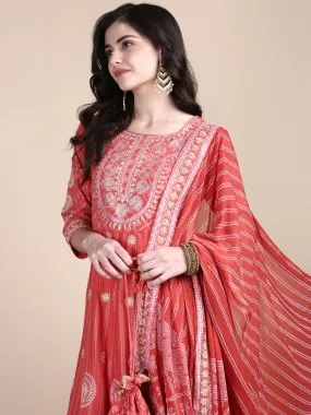 Women Ethnic Motifs Coral Anarkali Kurta Set with Dupatta and Potli Bag