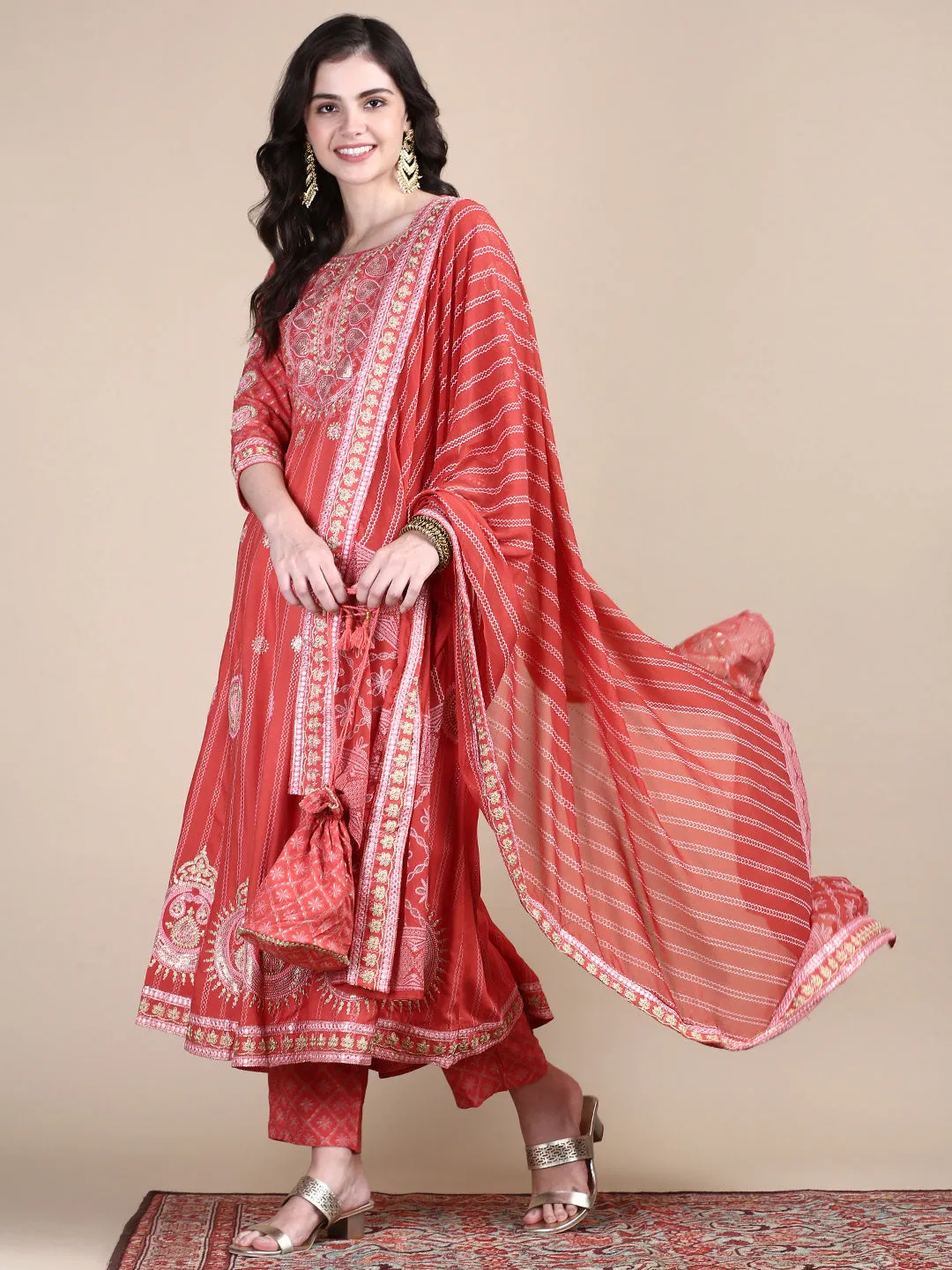 Women Ethnic Motifs Coral Anarkali Kurta Set with Dupatta and Potli Bag