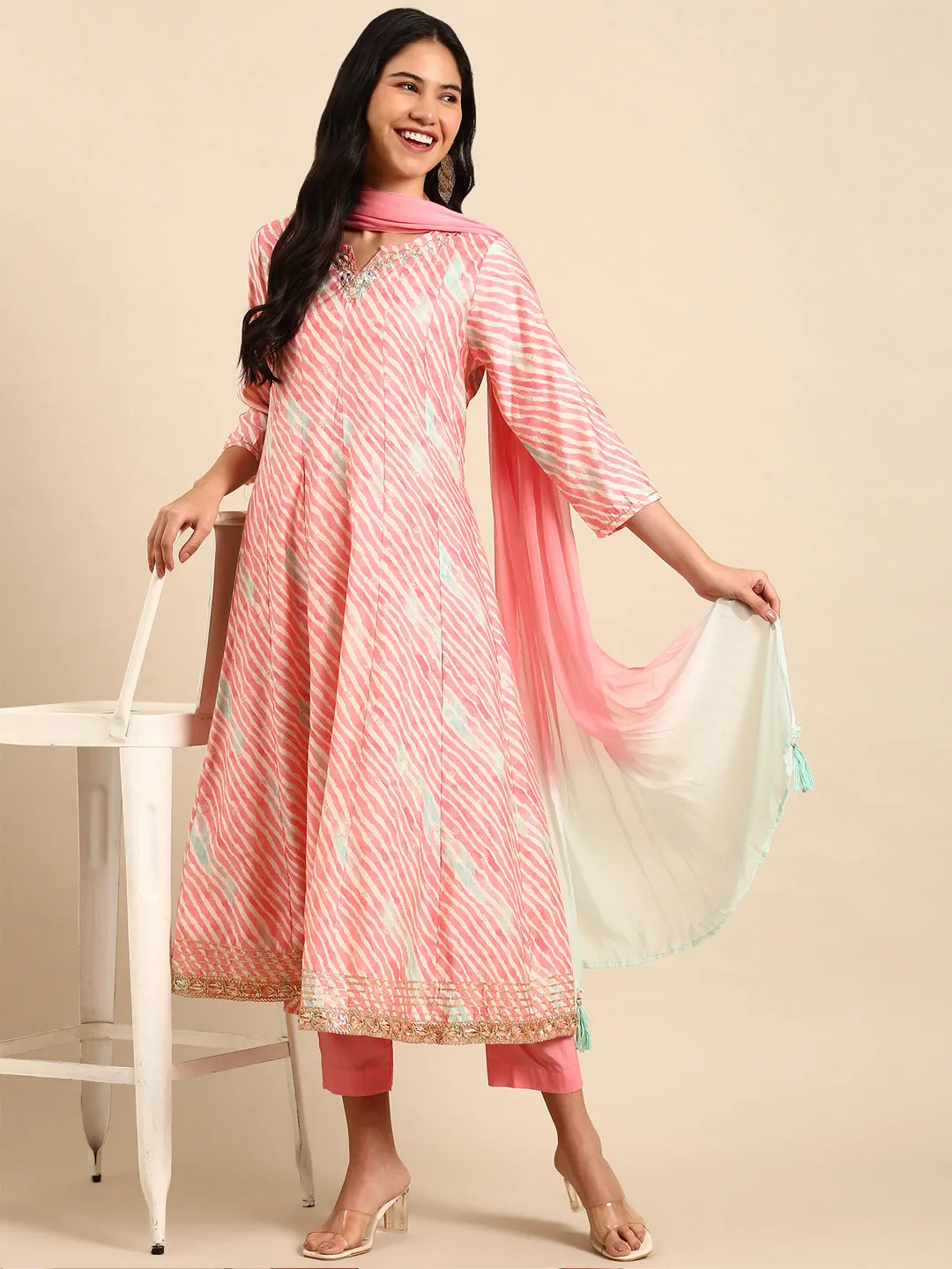 Women Leheriya Pink Anarkali Kurta Set with Dupatta