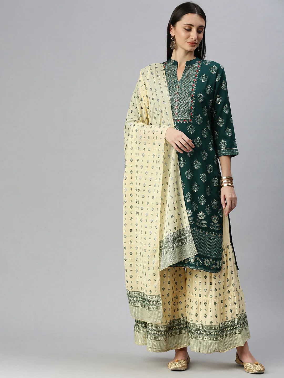 Women Straight Green Printed Kurta and Sharara Comes with Dupatta