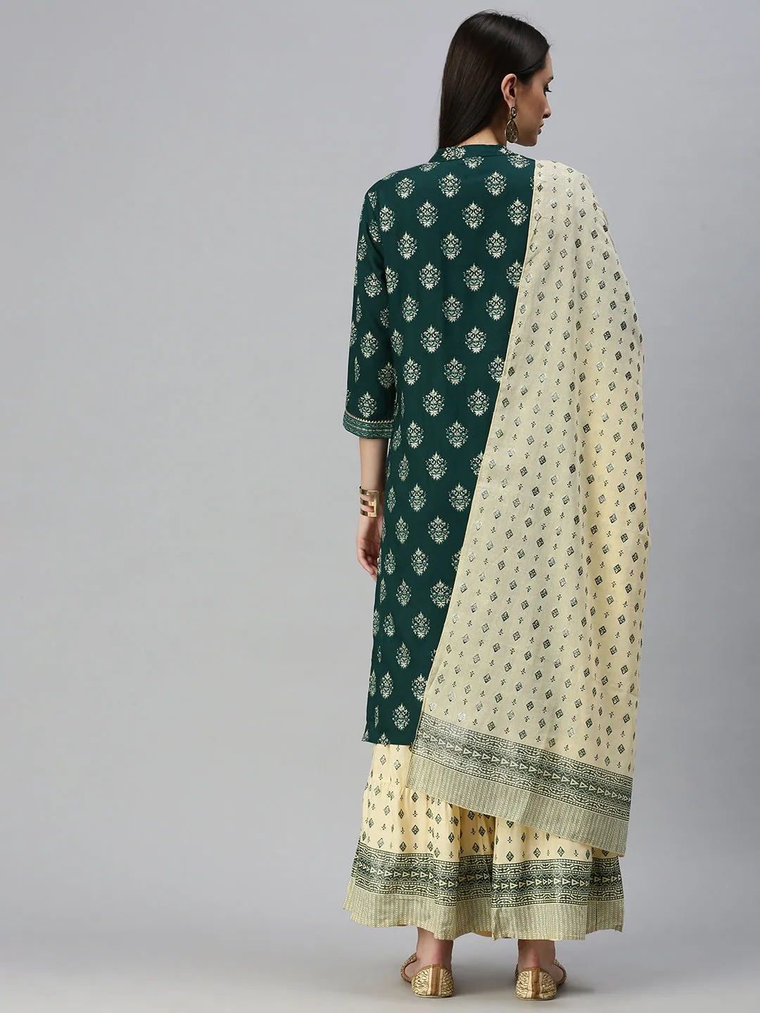 Women Straight Green Printed Kurta and Sharara Comes with Dupatta