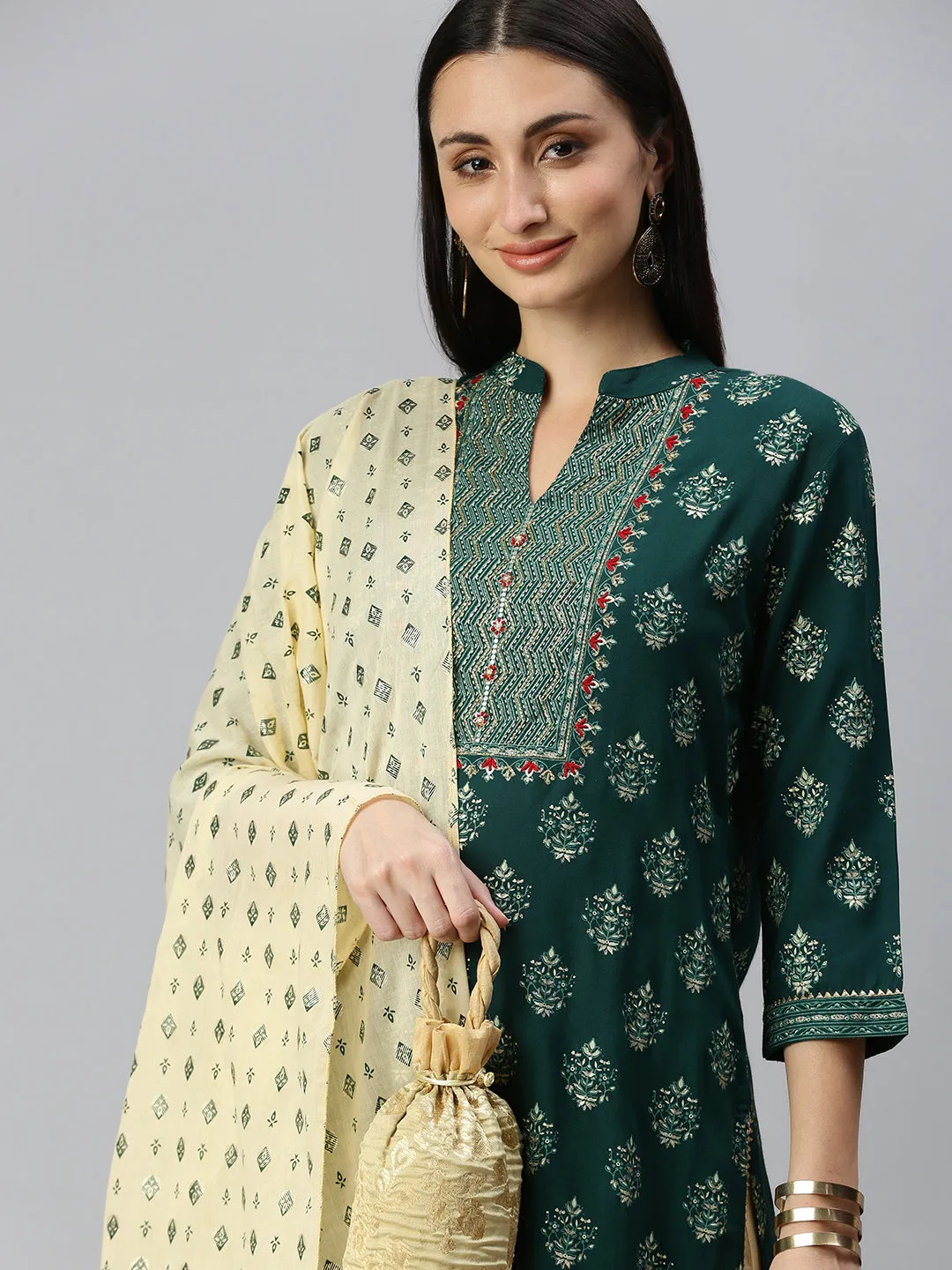 Women Straight Green Printed Kurta and Sharara Comes with Dupatta