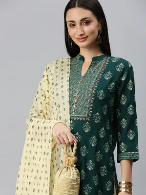 Women Straight Green Printed Kurta and Sharara Comes with Dupatta