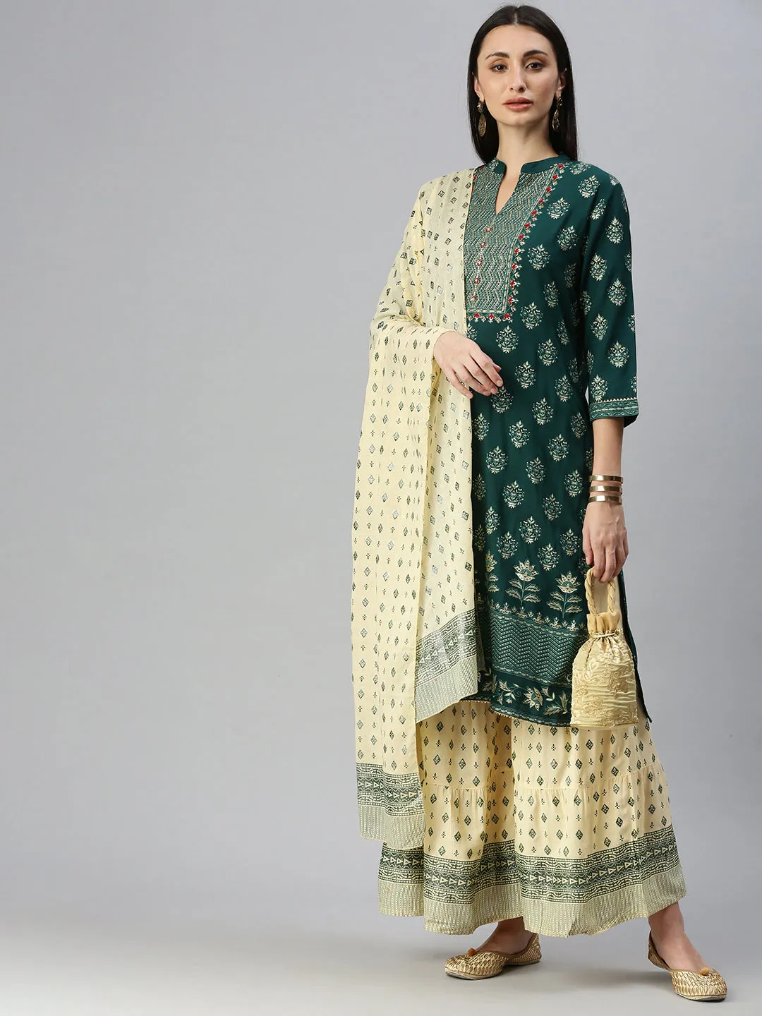 Women Straight Green Printed Kurta and Sharara Comes with Dupatta