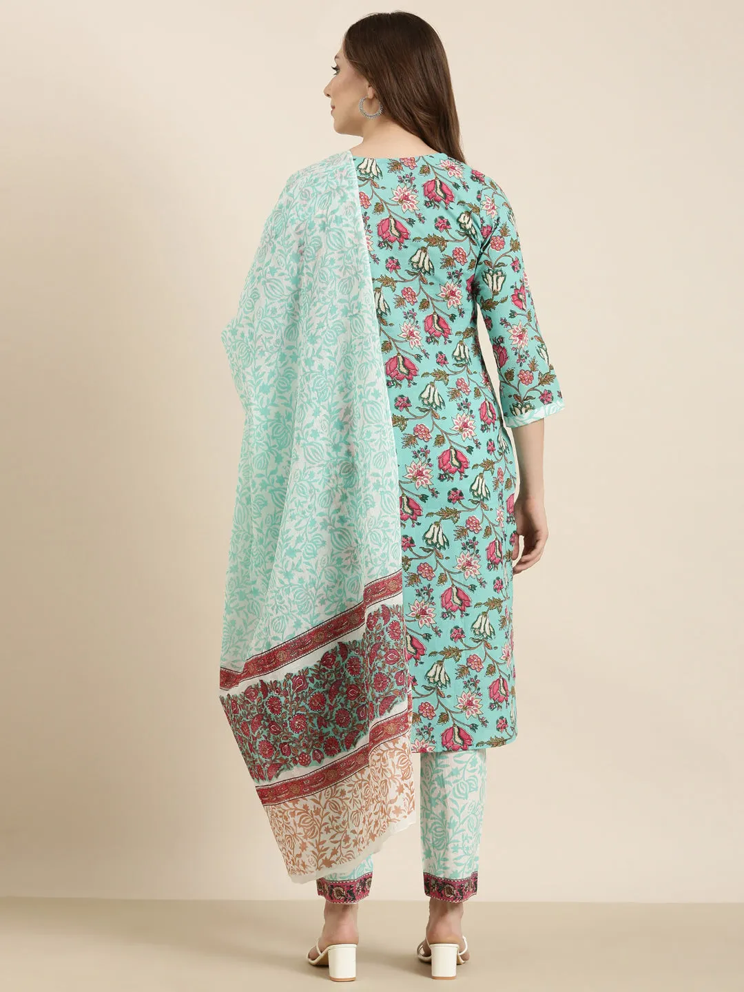 Women Straight Turquoise Blue Floral Kurta and Trousers Set Comes With Dupatta