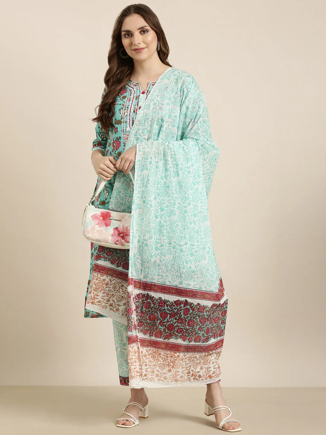 Women Straight Turquoise Blue Floral Kurta and Trousers Set Comes With Dupatta