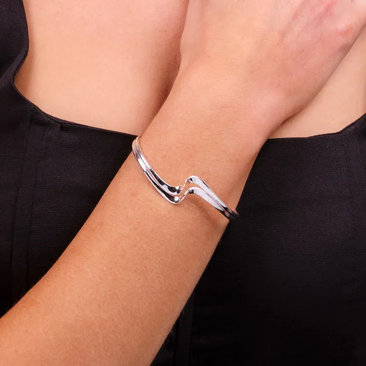 Women's Silver Bracelet | Chic Sterling Silver Double Wave Bangle for Women Girls